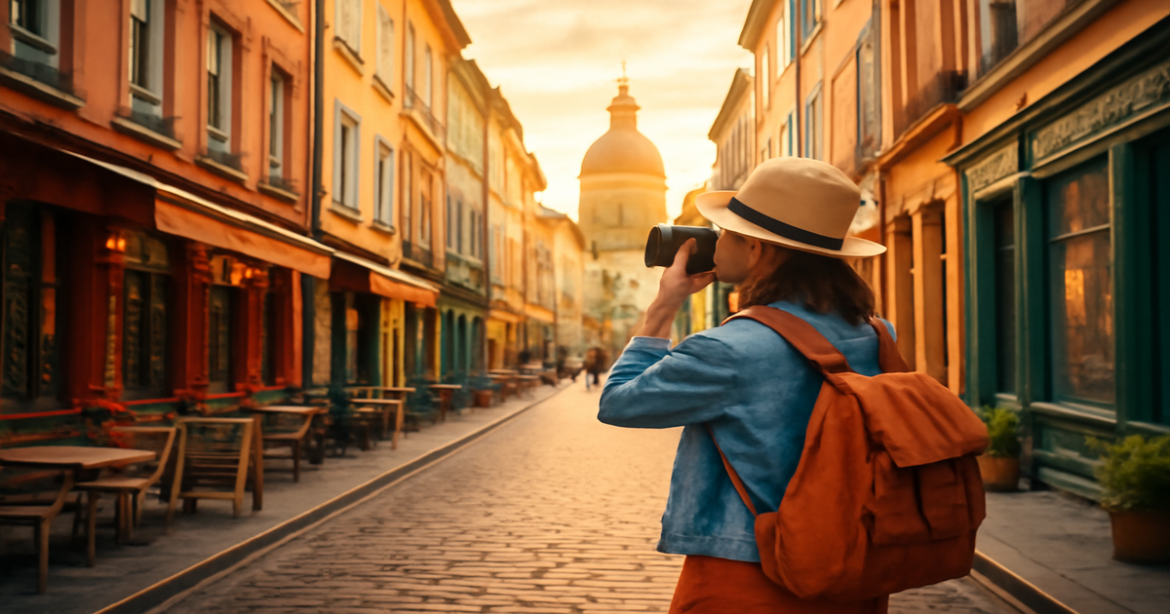 Inspiring image of a traveler embracing самостоятельные путешествия in a vibrant city setting.