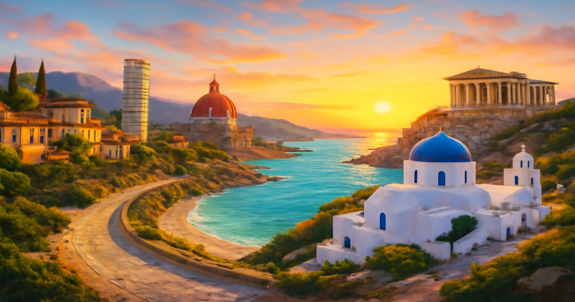 Stunning image of the маршрут по Южной Европе, featuring coastal scenery from Italy to Greece.
