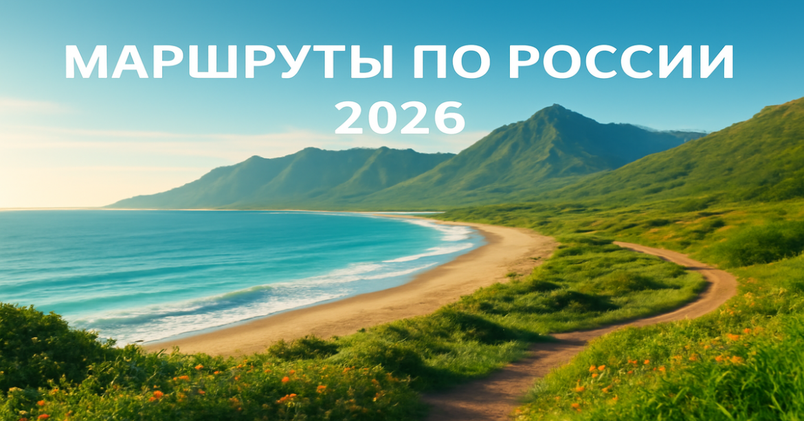 Explore stunning 'маршруты по России' featuring beaches and mountains in a captivating landscape.
