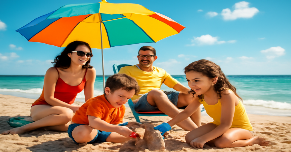 A joyful family vacation scene at the beach, showcasing отдых с детьми.