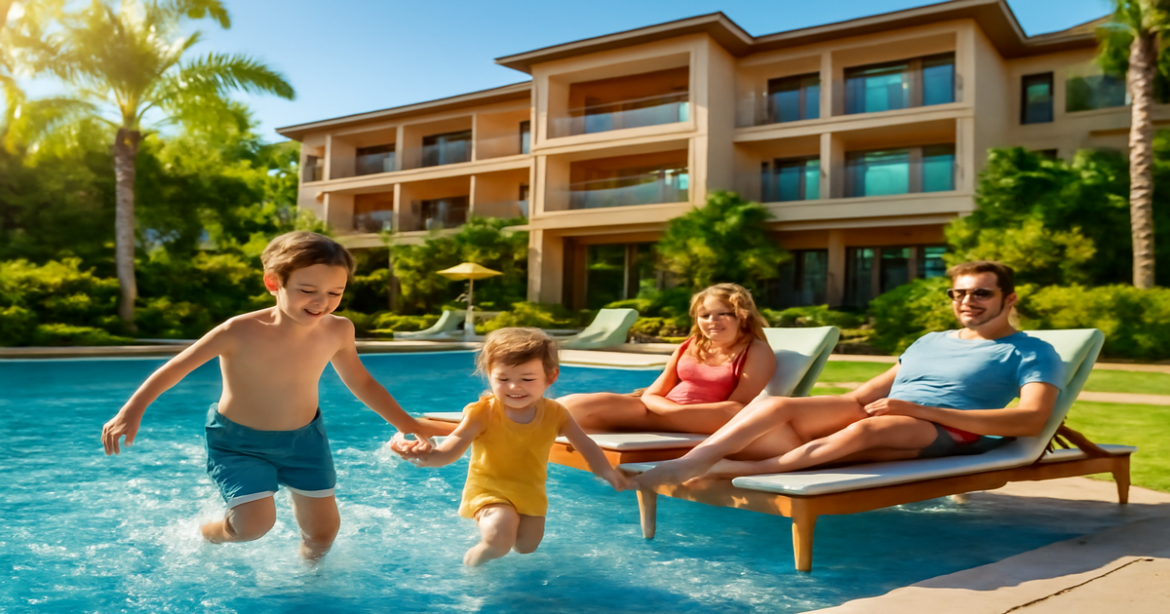 A family enjoying their time at отели для семейного отдыха, showcasing a vibrant vacation atmosphere.
