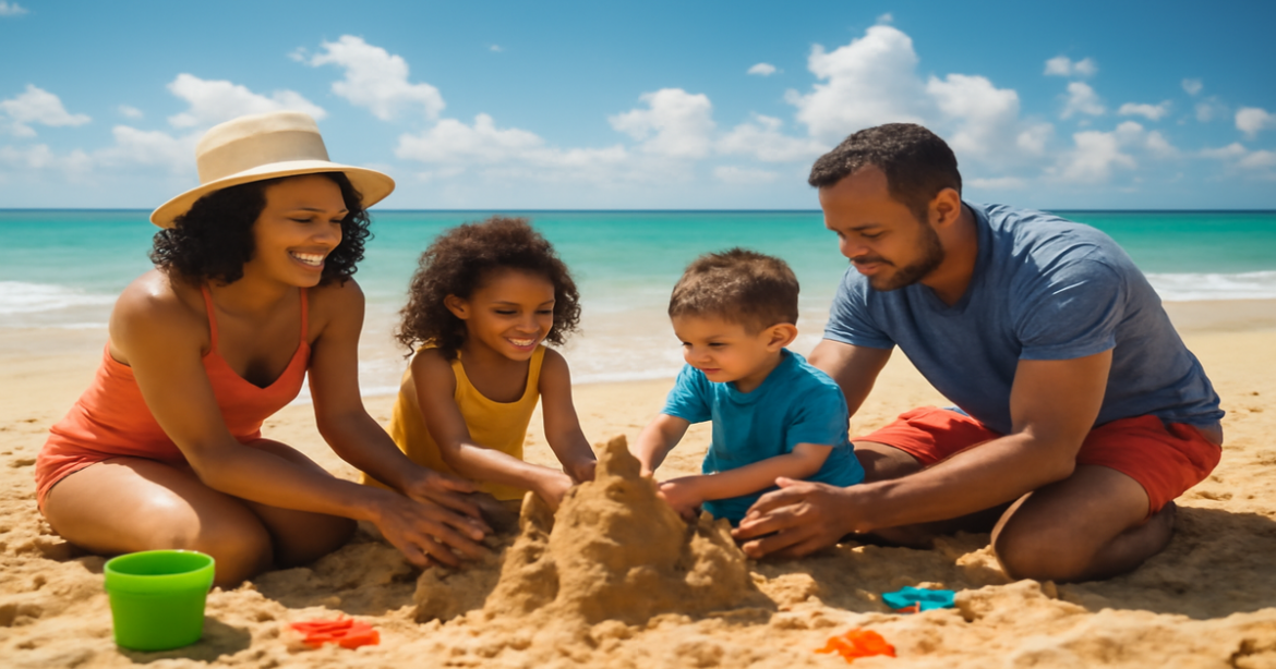 Family enjoying a beach vacation, perfect for 'отпуск с детьми' in 2026.