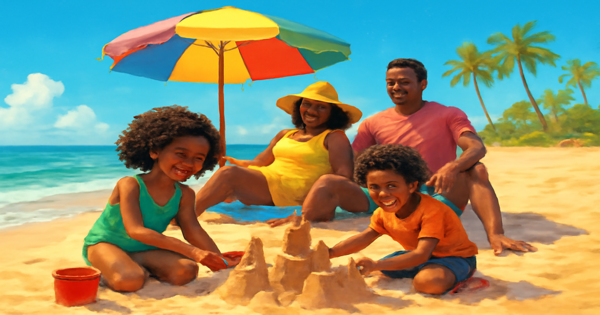 Family enjoying a sunny beach vacation, perfect for отпуск с детьми.