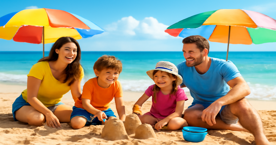 Family beach vacation scene showcasing отпуск с детьми, perfect for inspiring travel ideas.
