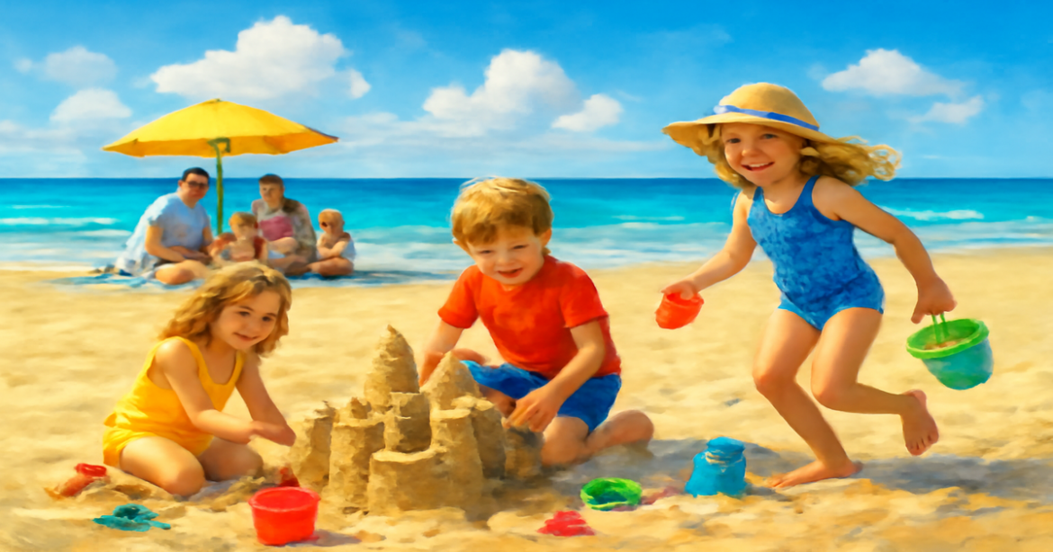 Family vacation with children at the beach, showcasing fun and relaxation during отпуск с детьми.