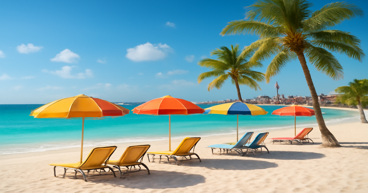 Stunning beach scene for отпуск на море, featuring clear waters and inviting coastal city views.