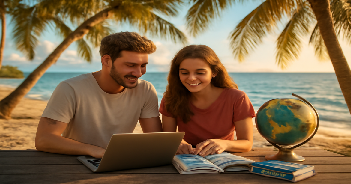 A couple engaged in планирование путешествия on a beach, surrounded by travel essentials and a stunning ocean view.