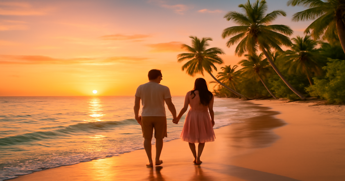 Romantic отдых at a beautiful beach during sunset, perfect for couples' getaway.