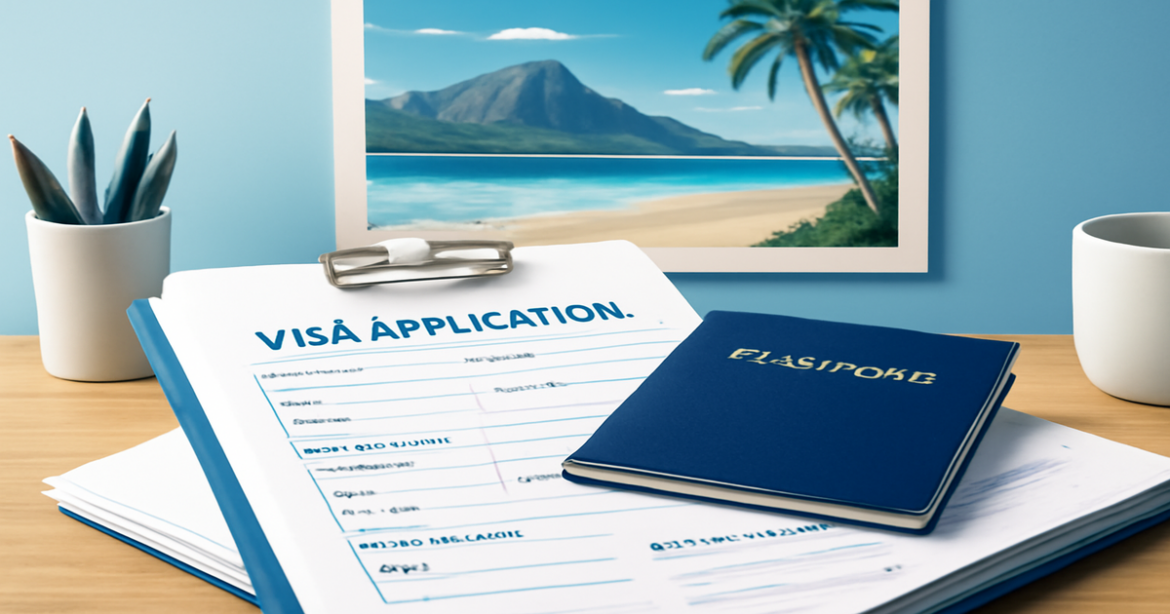 A professional image illustrating подготовка документов для визы with travel essentials on a desk.