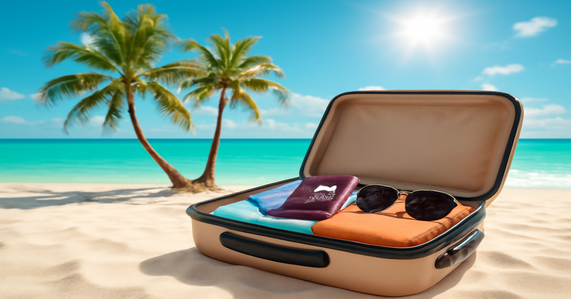 High-quality image illustrating подготовка к отдыху за границей with a beautiful beach and travel essentials.