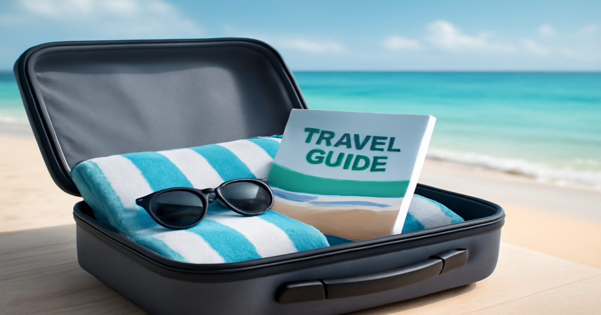 Preparing for vacation: essentials packed in a suitcase with a scenic beach backdrop.