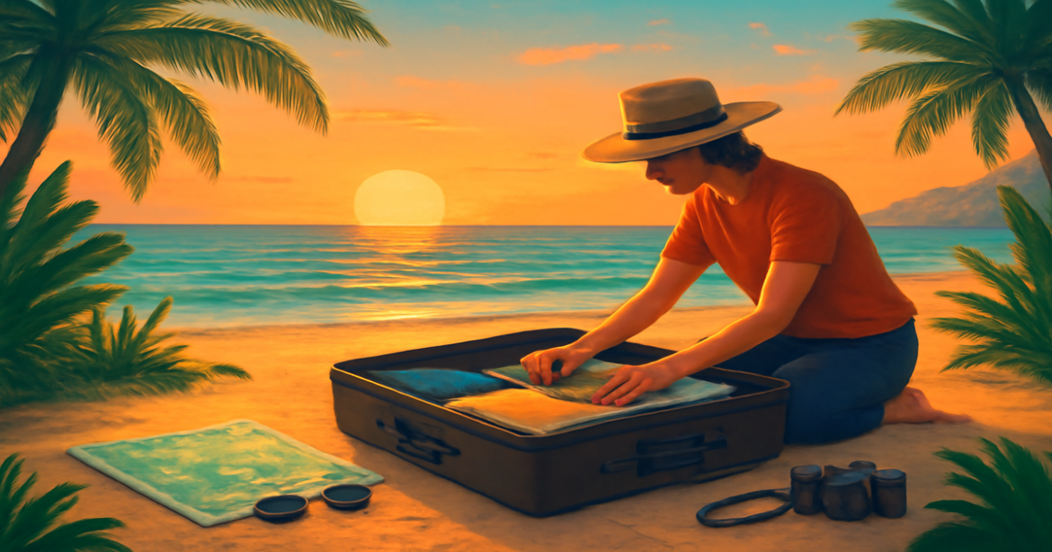 Travel preparation for a vacation at a beach, highlighting the essence of подготовка к отпуску.