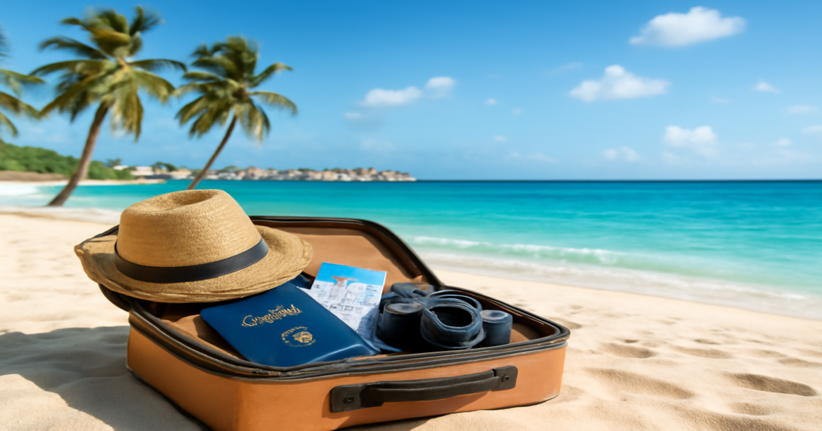 Inspiring image representing подготовка к отпуску за границей with a beach and travel essentials.