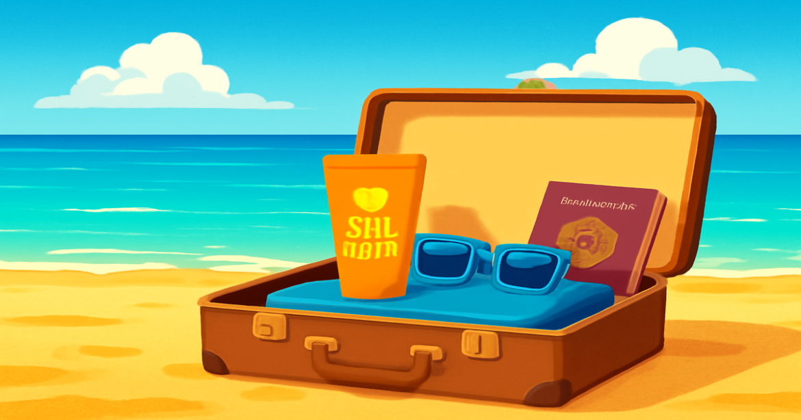 A traveler’s beach preparation scene highlighting подготока к отпуску with vibrant colors and serene waters.