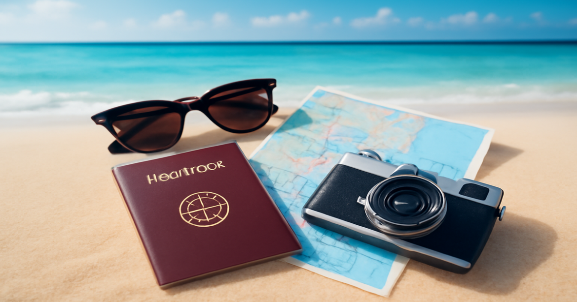 Essential travel items for vacation preparation: passports, sunglasses, and maps, emphasizing 'подготовка к поездке'.
