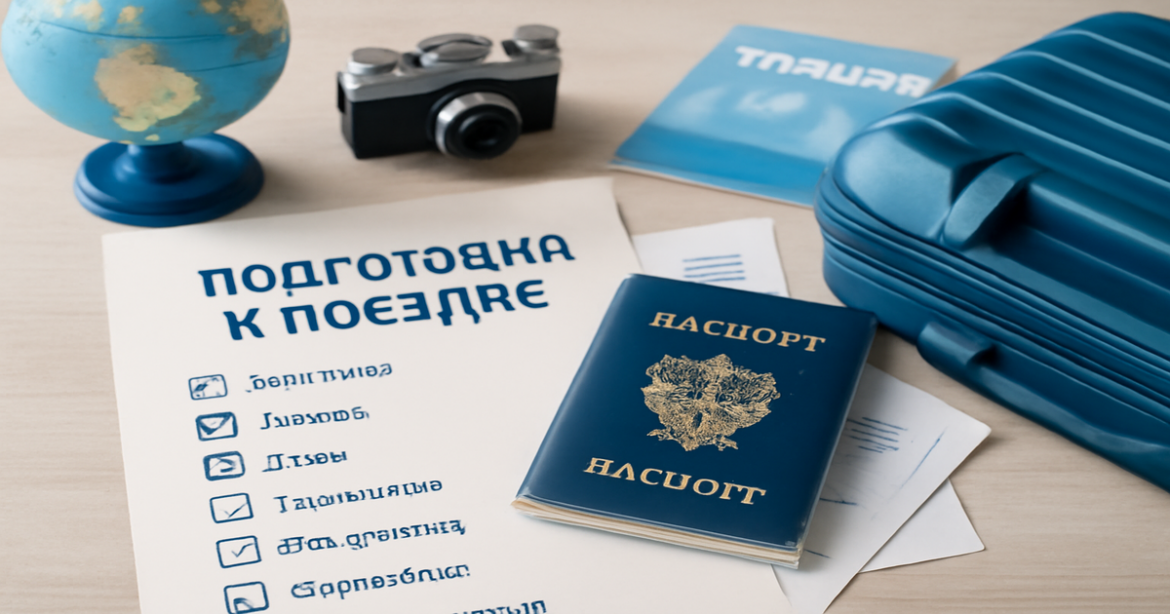 A travel preparation scene highlighting essential documents for a trip, embodying 'подготовка к поездке.'