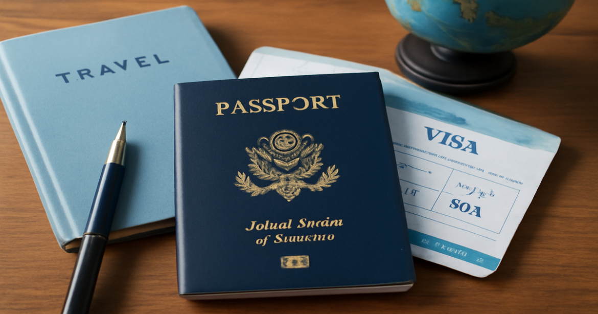 Essential documents for travel preparation including passport and visa, inspiring travel flat lay.
