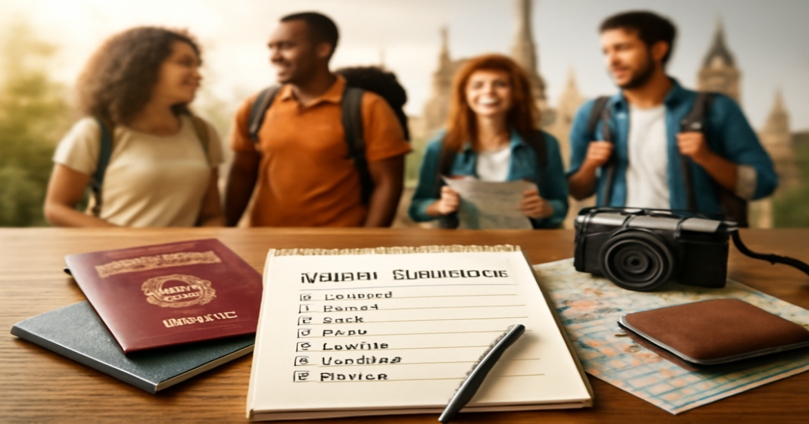 Inspiring image of подготовка к поездке за границу with travel essentials and iconic landmarks.
