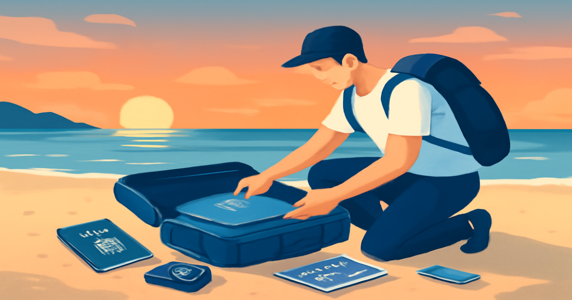 Preparing for travel abroad: scenic beach sunset with packing essentials.