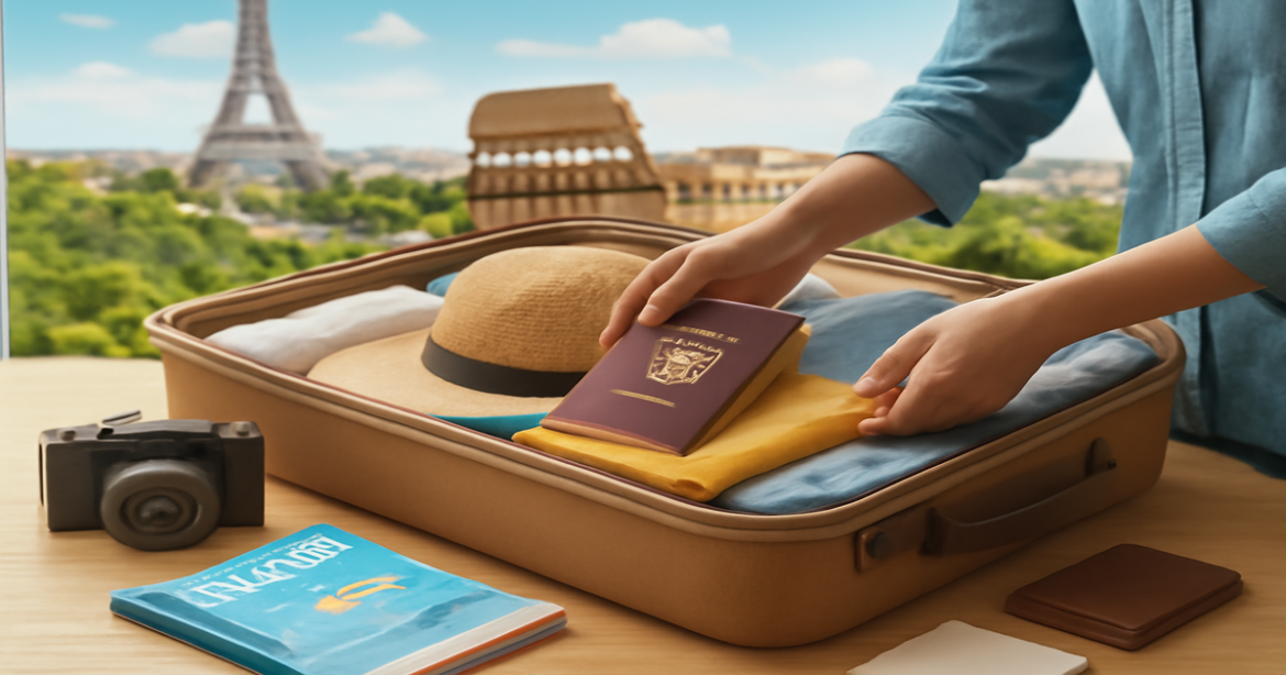 Inspiring scene of подготовка к поездке за границу with travel essentials and a scenic backdrop.
