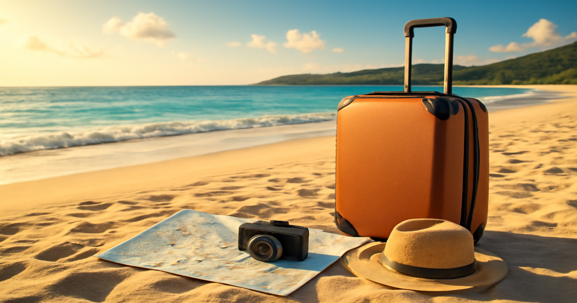 Inspiring travel image representing подготовка к поездке with a beach scene and travel essentials.