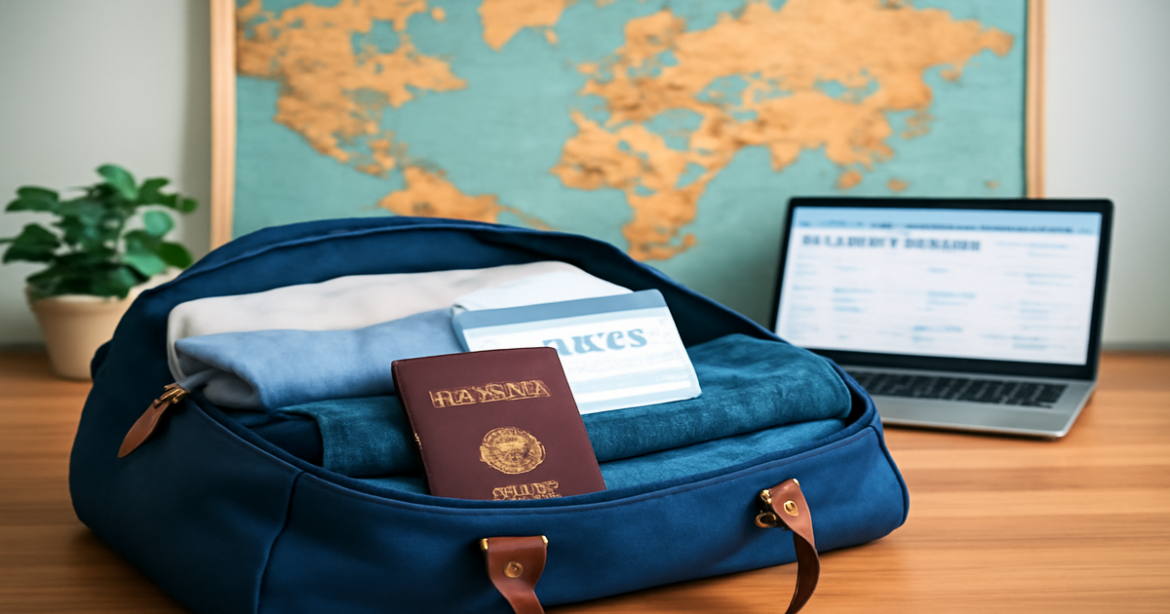 Inspiring travel preparation scene highlighting 'подготовка к поездке' with organized travel essentials.
