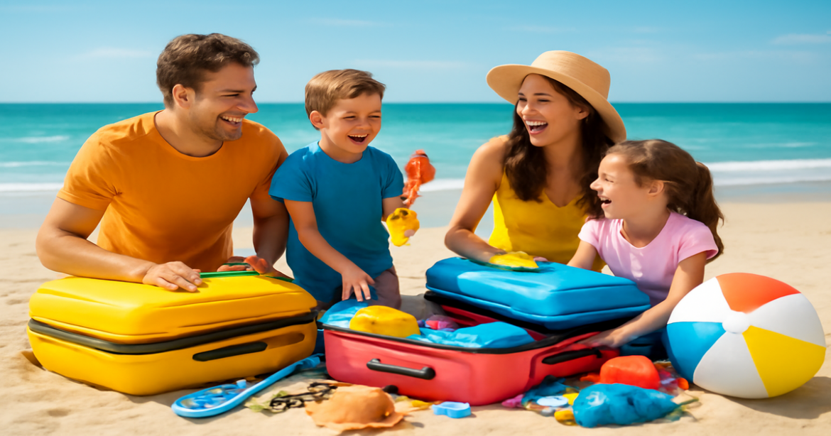 A family joyfully preparing for travel, embodying 'подготовка к путешествию с детьми' at a beach destination.