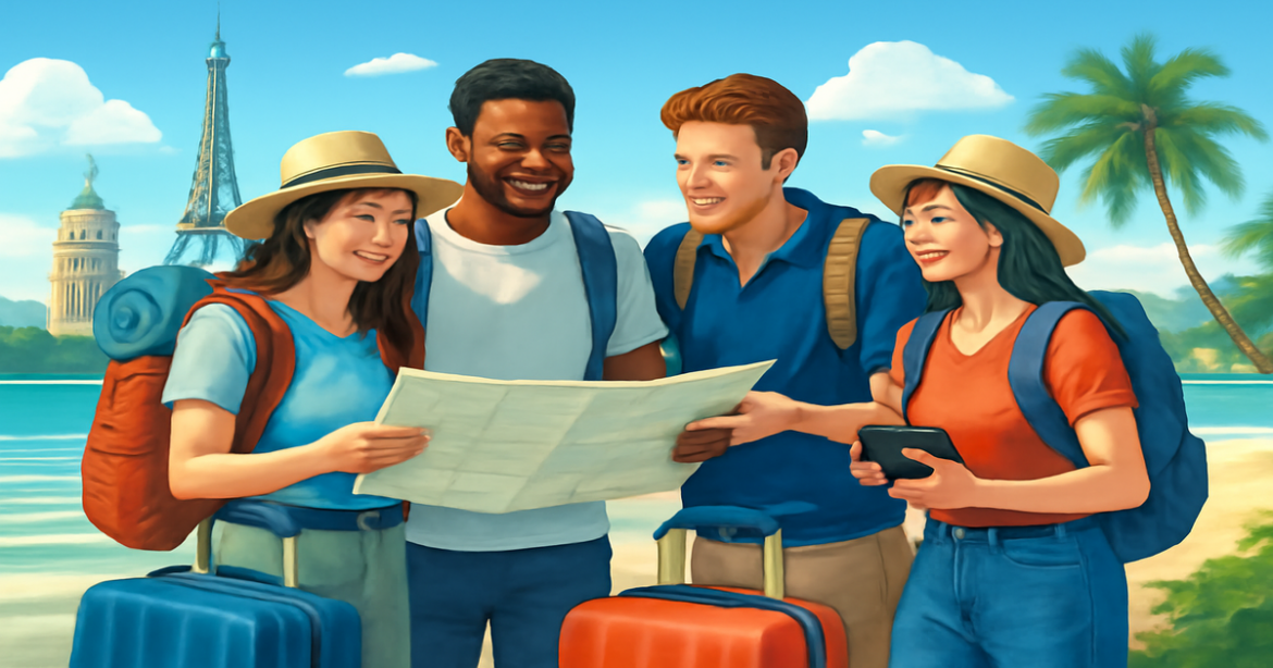 Travelers engaged in подготовка к путешествию at beautiful destinations.