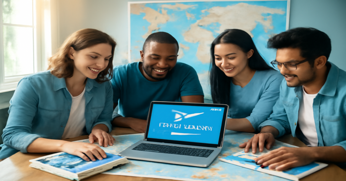 Подготовка к путешествию за границу: travelers planning with guides and maps in a bright, inspiring setting.