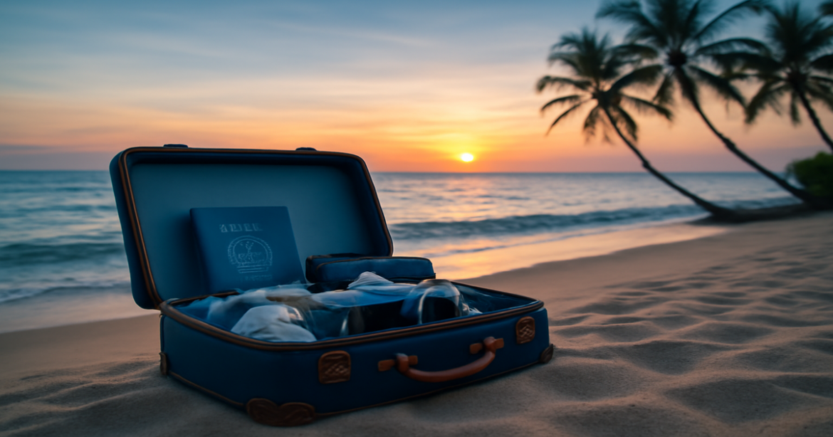 Inspiring image illustrating подготовка к путешествию за границу with a packed suitcase on a beach.