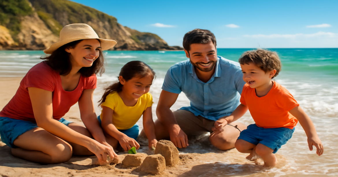 Family enjoying a beach vacation, perfect for подготовка к семейной поездке.