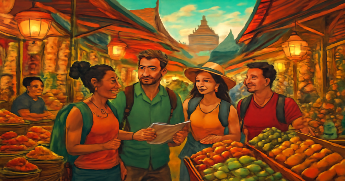 Travelers exploring a colorful Asian market, perfect for поездка в Азию советы.