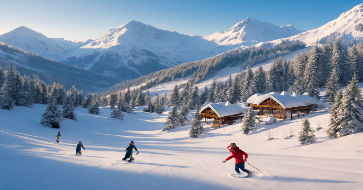 Experience зимний отдых in a stunning winter landscape with ski resorts and serene mountain views.