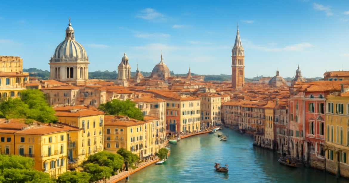 Explore beautiful cities in Italy with iconic landmarks like Rome and Venice in this inspiring travel image.