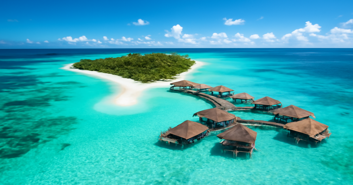 A breathtaking view of the Maldives with turquoise waters and overwater bungalows, perfect for travel inspiration.