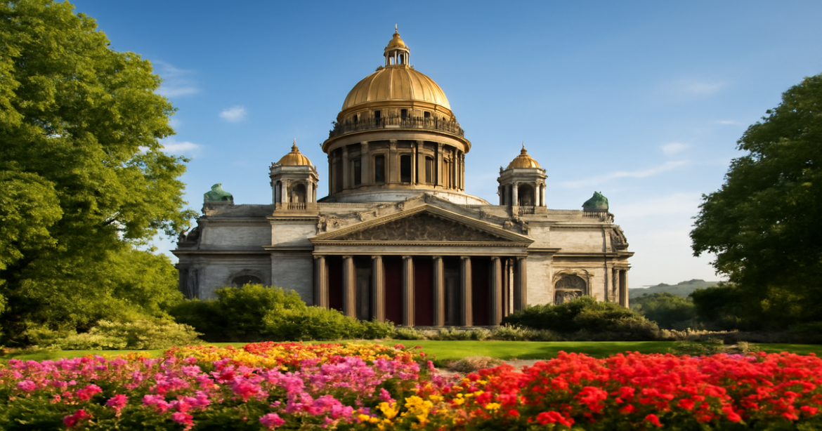 Beautiful view of Saint Isaac's Cathedral in Санкт-Петербург, showcasing its grandeur and surrounding nature.