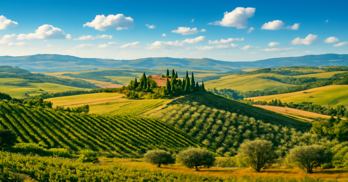 Stunning Tuscan landscape showcasing vineyards and hills, perfect for travel inspiration.