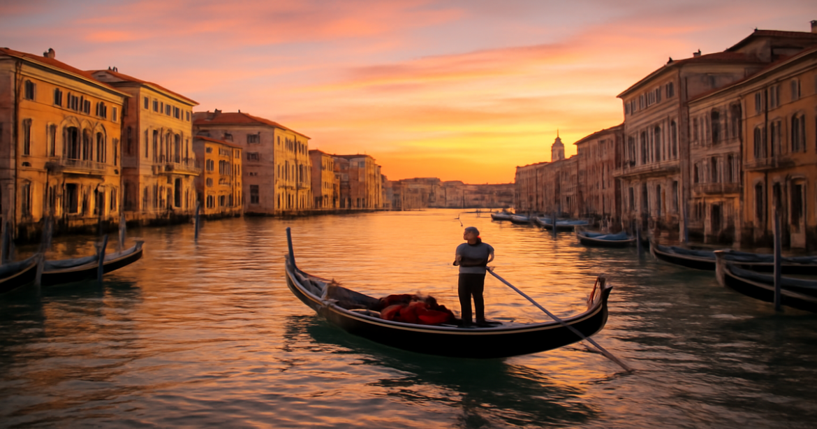 A beautiful sunset view of the Grand Canal in Venice, showcasing the city's romantic charm.