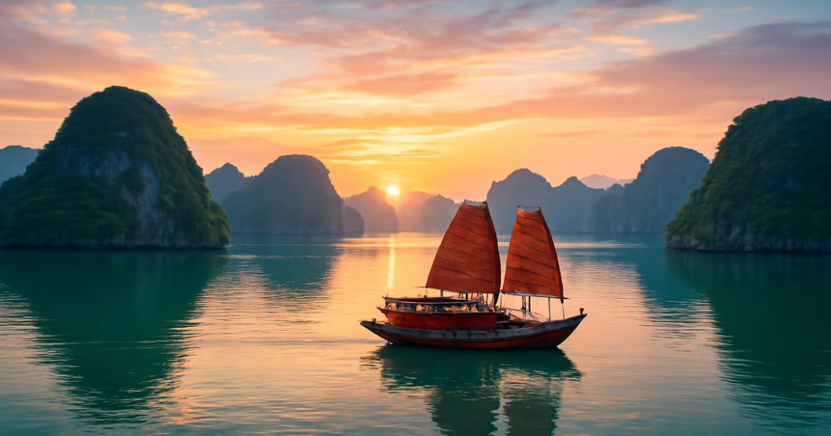 Explore Ha Long Bay at sunrise, a highlight from our путеводитель по Вьетнаму.