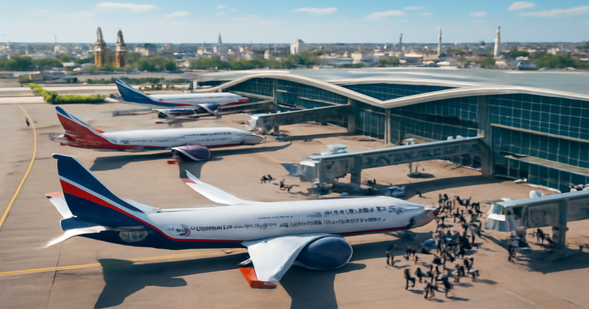 Stunning airport scene highlighting рейтинги авиакомпаний России for travel in 2026.