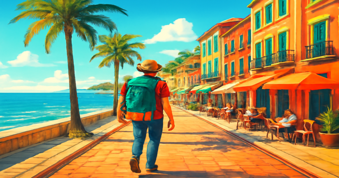 Solo traveler enjoying vibrant coastal cityscape, embodying самостоятельные путешествия советы.