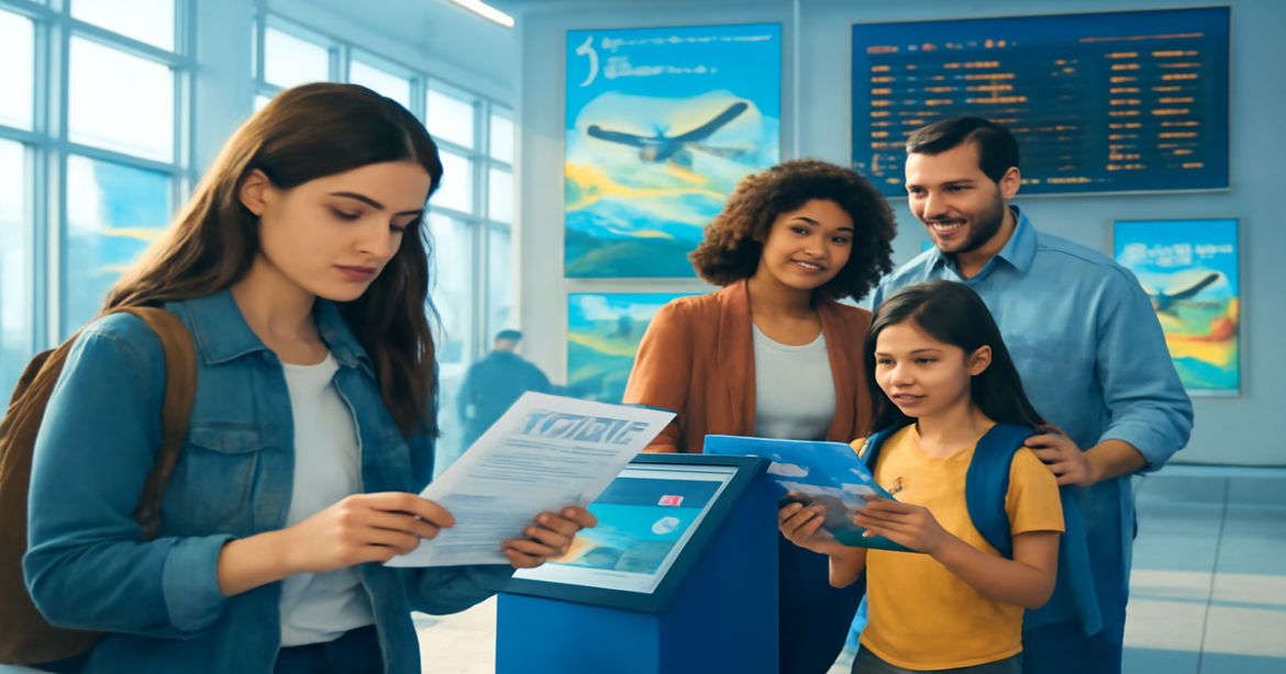 A vibrant airport scene illustrating the process of получение визы for travelers.
