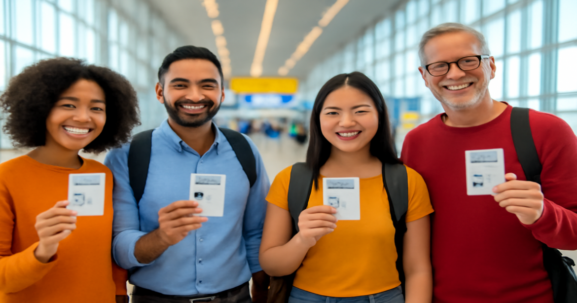A vibrant airport scene illustrating successful получение визы for eager travelers.