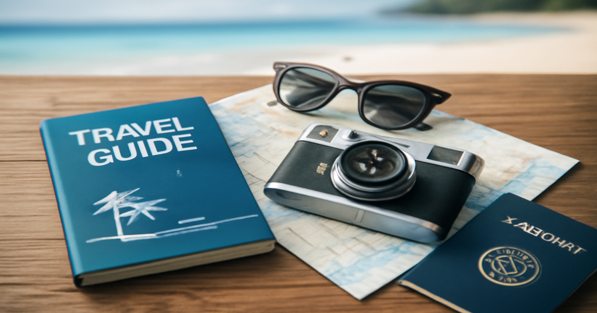 Essential travel items for успешная подготовка к путешествию, arranged in an inspiring flat lay.