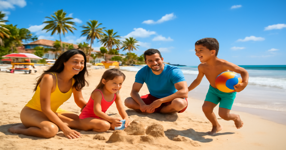 Family beach vacation scene, perfect for отдых с детьми, showcasing joy and relaxation.