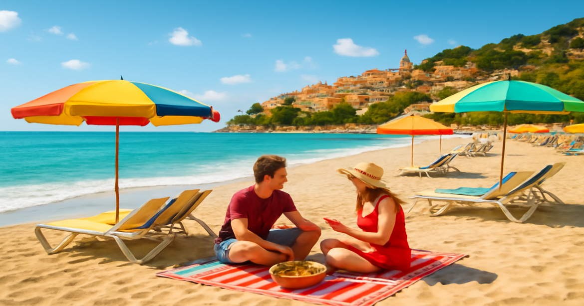 A vibrant beach scene representing идеальный сезонный отдых with picturesque views and inviting atmosphere.