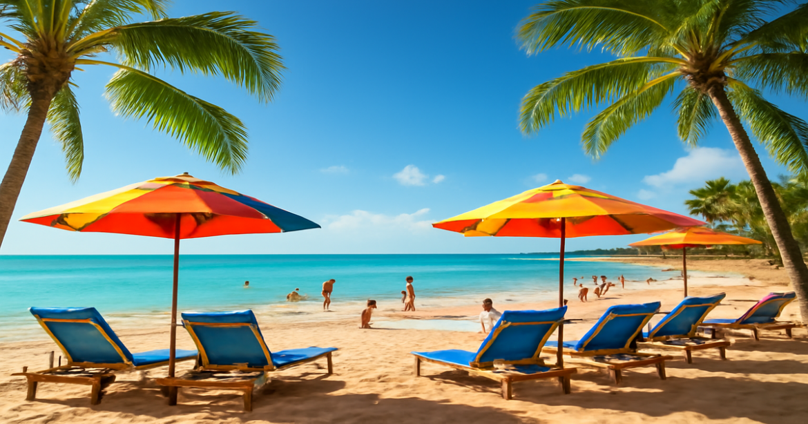 A stunning beach resort scene perfect for seasonal отдых на курортах, capturing relaxation and family fun.