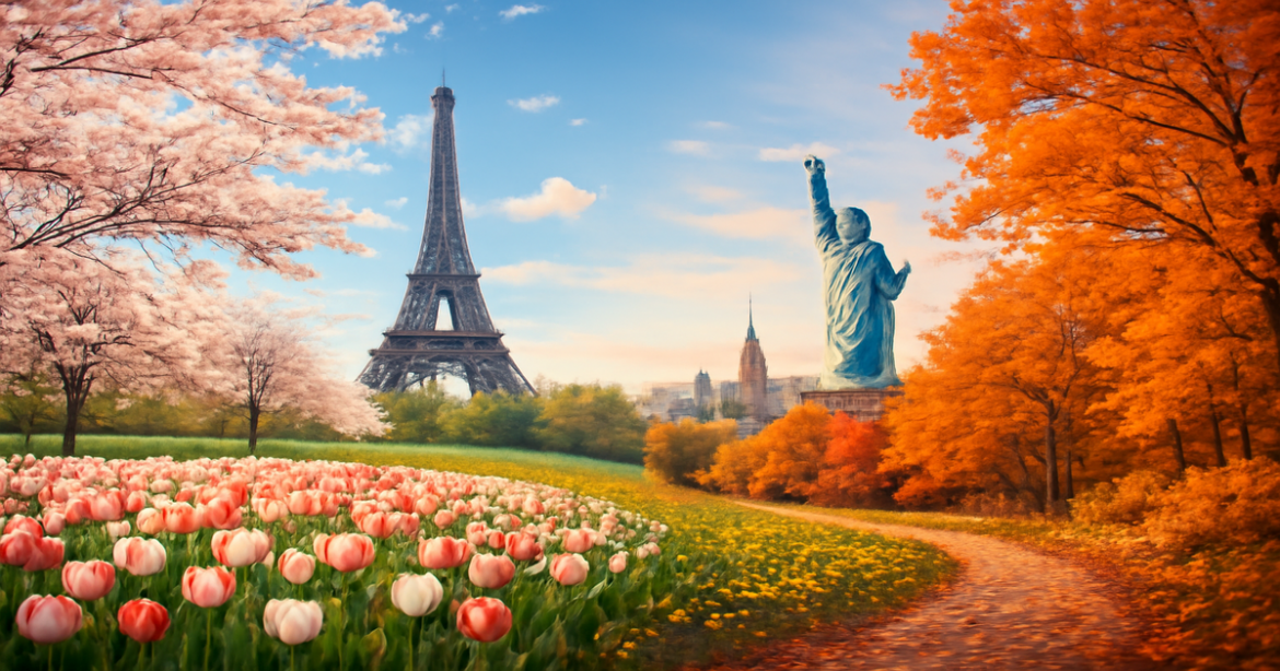 Explore seasonal отдых with stunning landscapes highlighting spring blooms and autumn colors.