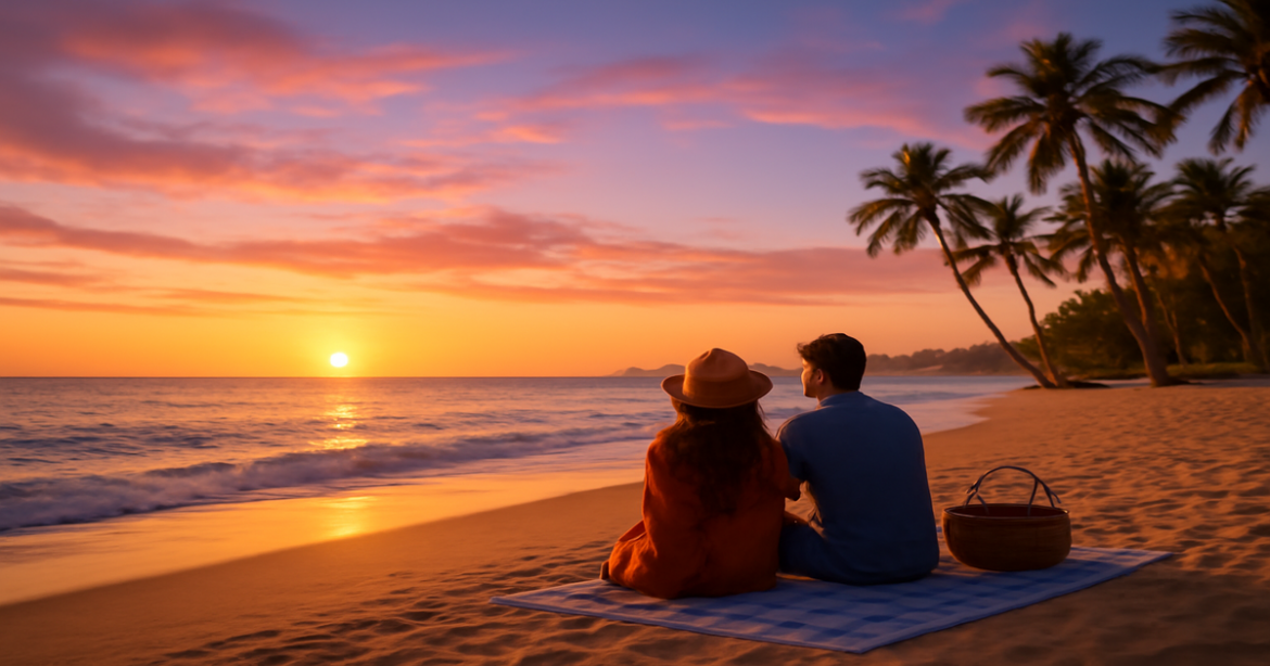 A serene beach sunset illustrating сезонность отдыха, perfect for travel inspiration and vacation planning.