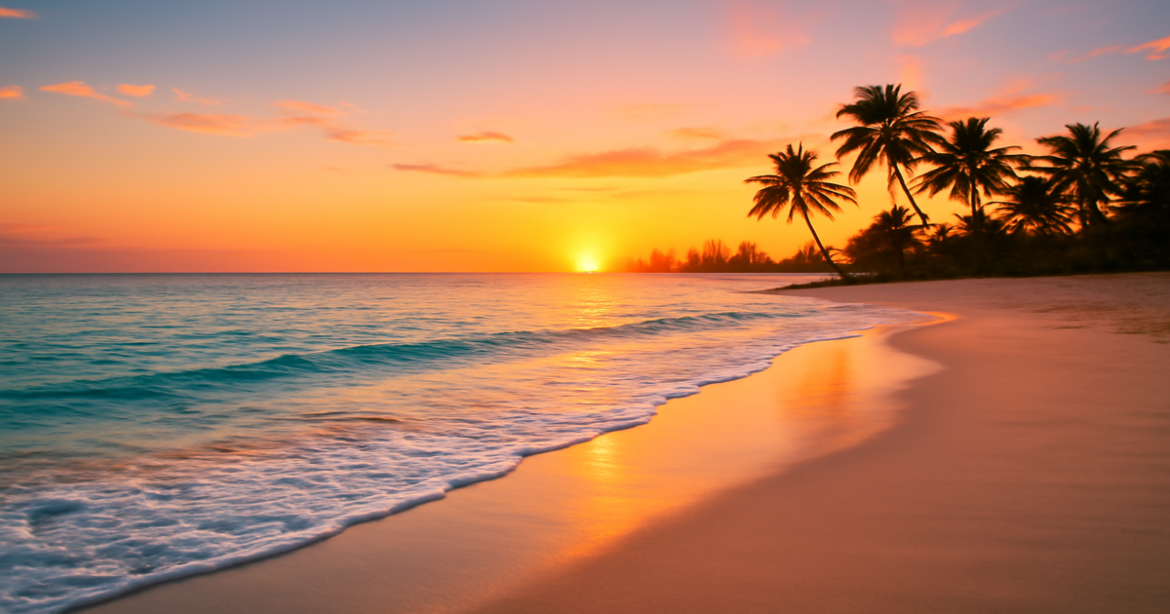 A stunning beach at sunset, highlighting seasonal travel for the best vacation experiences.